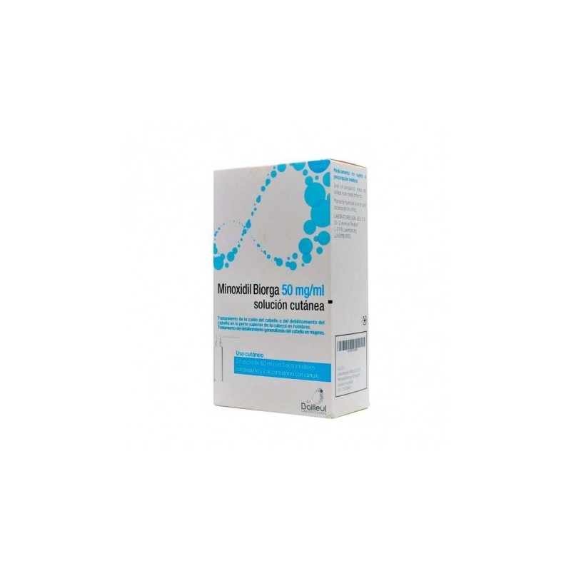 MINOXIDIL BIORGA 50 mg/ml SOLUCION CUTANEA 3 FRASCOS 60 ml + 3 ACCIONADORES DE BOQUILLA Y 2 ACCIONADORES CON CANULA