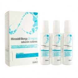 MINOXIDIL BIORGA 20 mg/ml SOLUCION CUTANEA 3 FRASCOS 60 ml + 3 ACCIONADORES DE BOQUILLA Y 2 ACCIONADORES CON CANULA